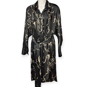 Zara Black Cream Patterned Dress Long Sleeve Self Tie Women's Size Extra Large